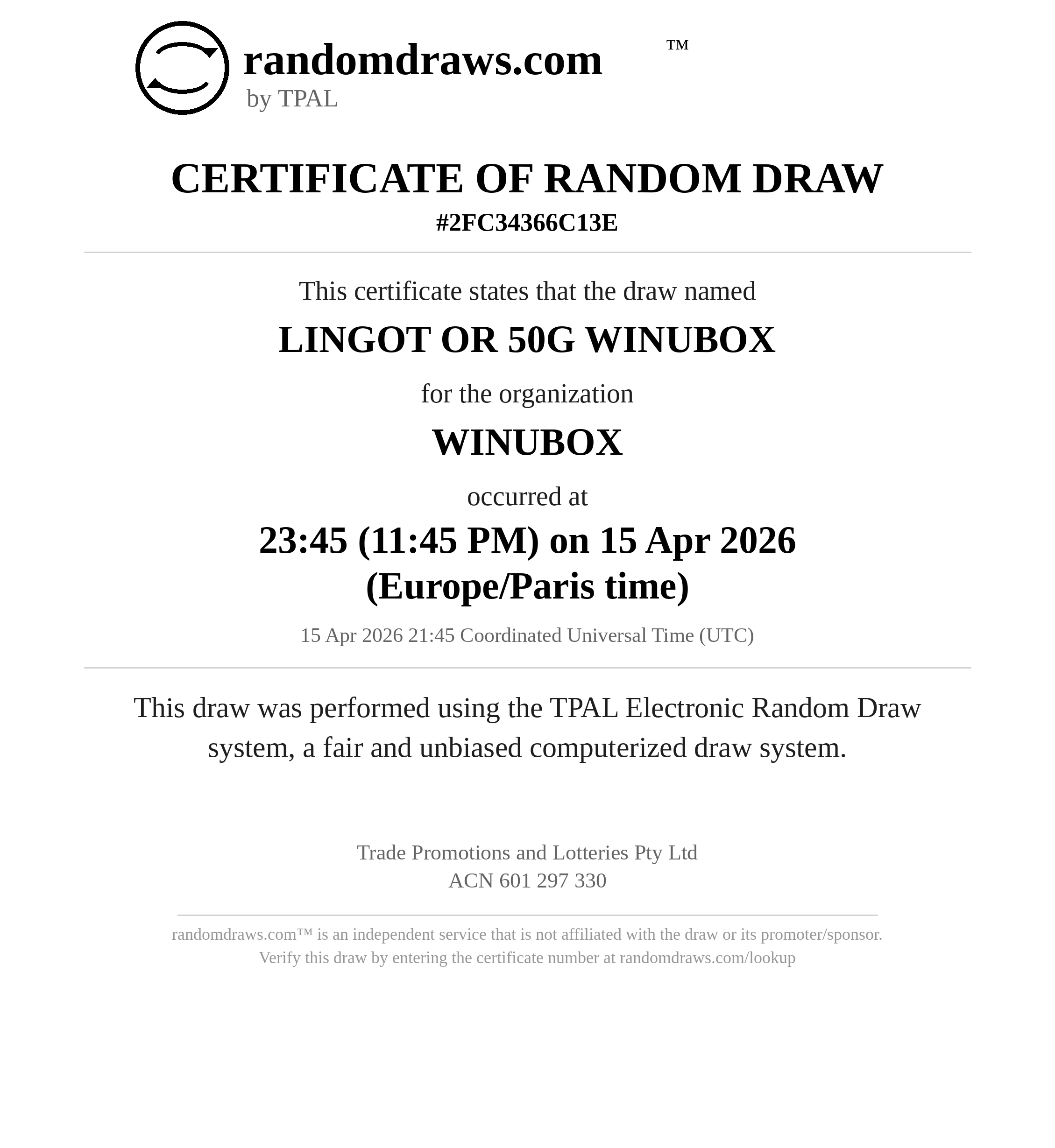 Certificat de tirage RandomDraws.com WinUBox